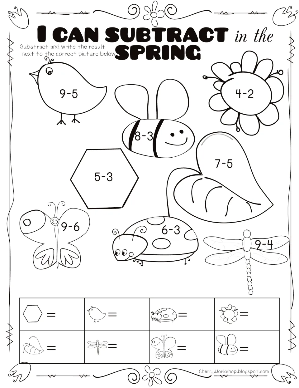 I Can Subtract in the Spring: students solve 8 facts within 9 on a chick, flower, dragonfly and more, then match each answer