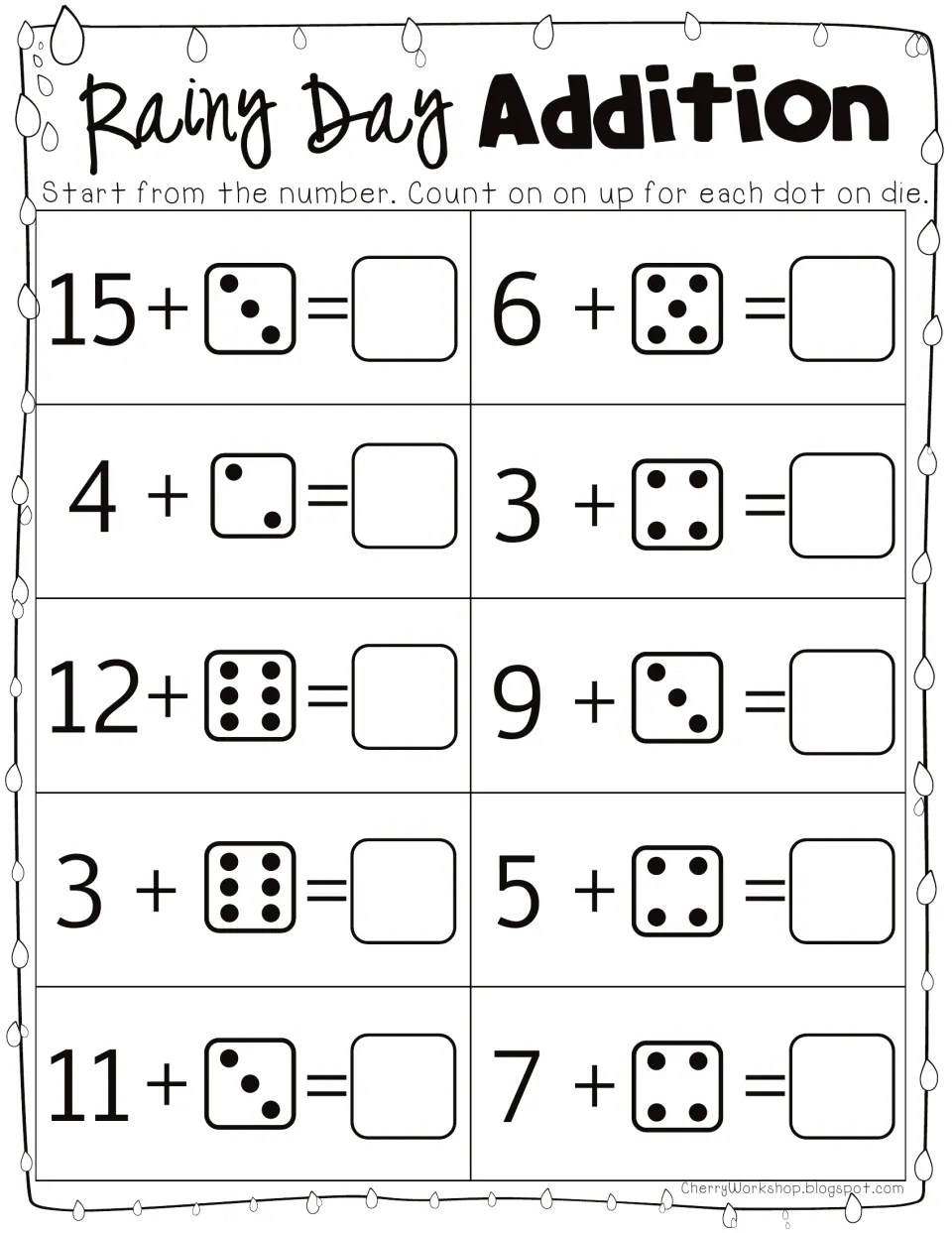 Rainy Day Addition: students count on from a start number by the dots on a die to solve 10 sums, such as 15 + 3