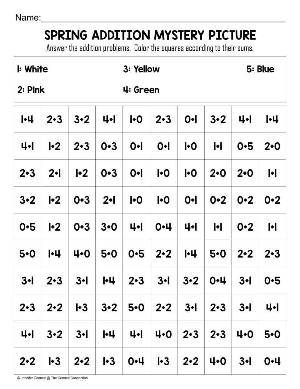 Spring color-by-sum with facts within 5: students solve problems like 1+4 and 0+3, then color squares in five colors