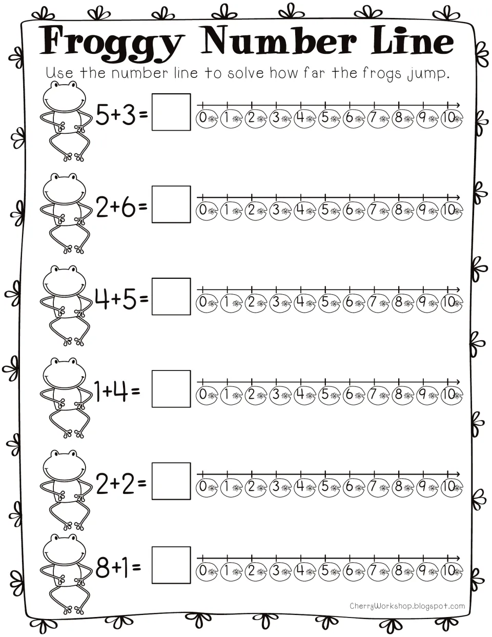 Froggy Number Line: students hop along lily pad number lines 0 to 10 to solve six addition sums such as 5+3 and 8+1
