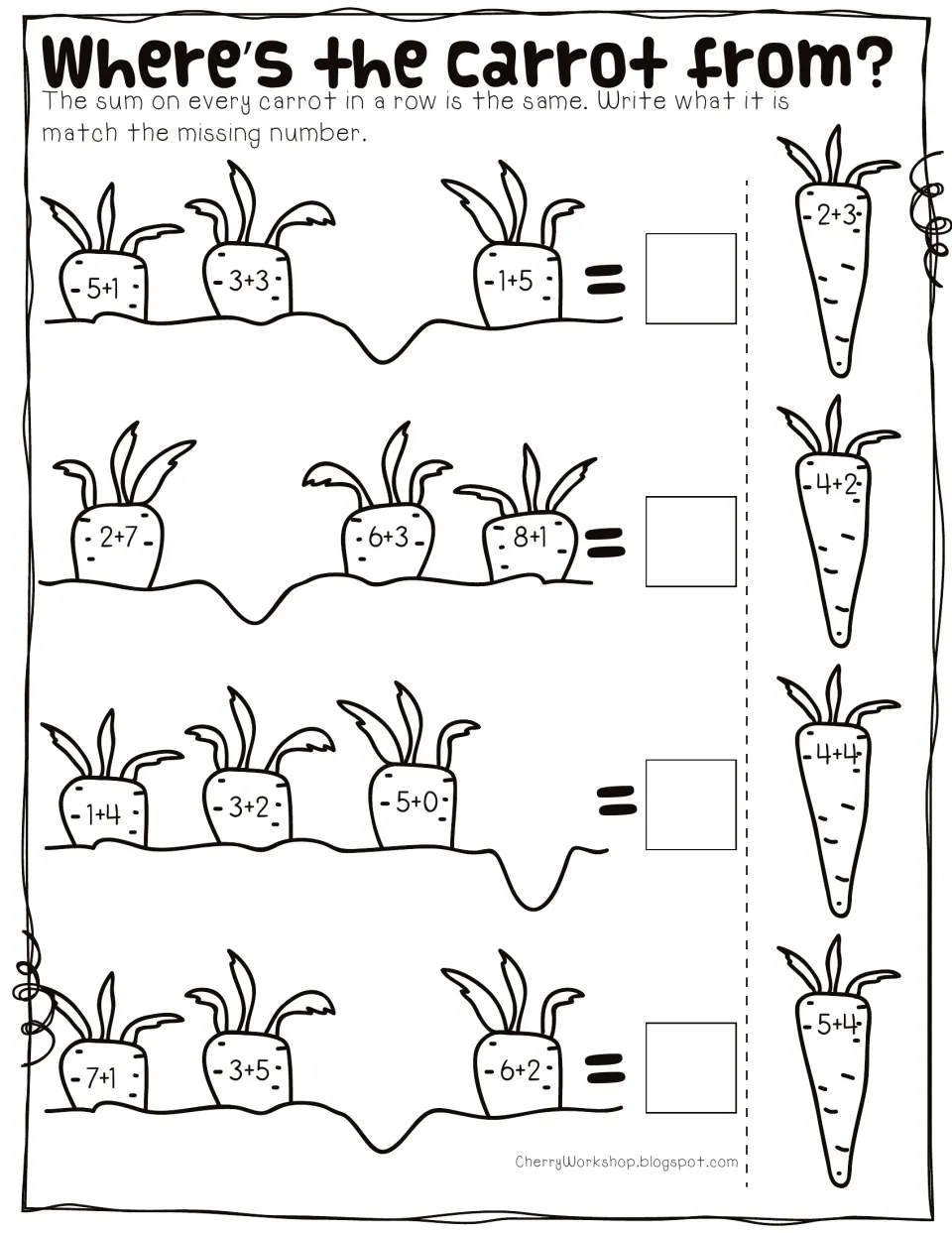 Where's the Carrot From? sums within 10: students write each row's shared sum and match the pulled carrot that fits