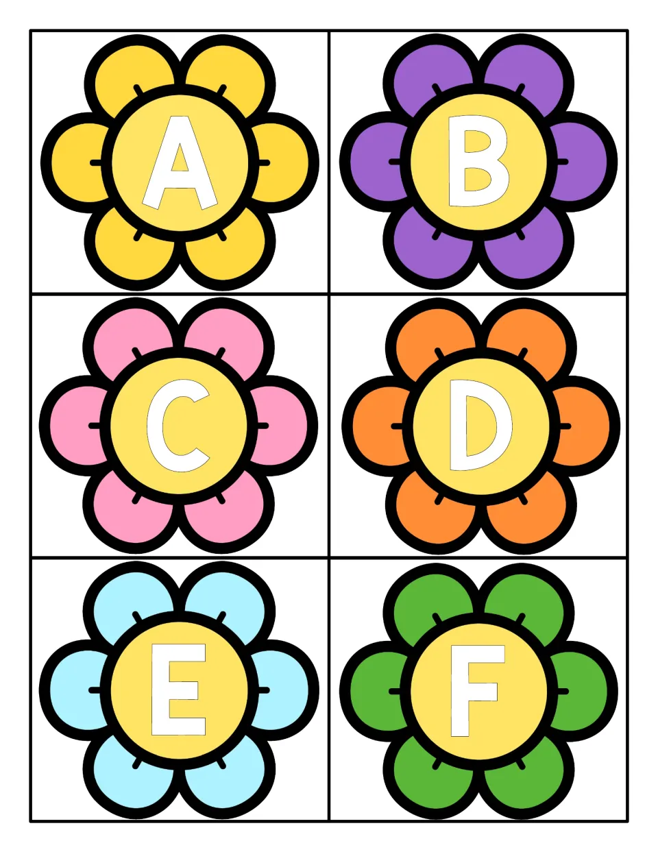 Uppercase letters A to F: six cut-apart flower cards, each with one white capital letter on a yellow center