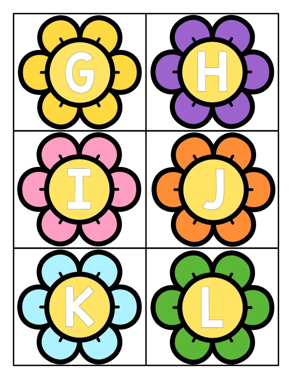 Uppercase letters G to L on six flower cards in yellow, purple, pink, orange, blue and green for capital letter naming
