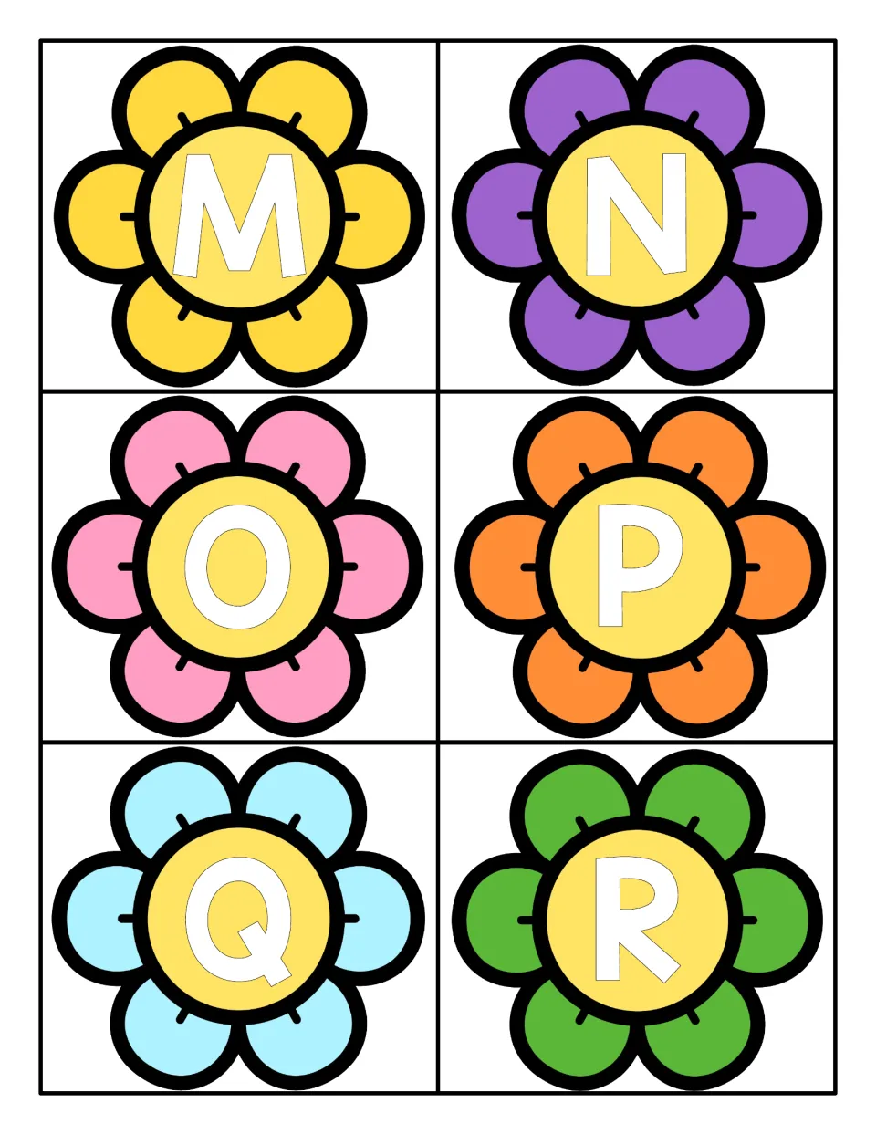 Uppercase letters M to R: six colorful flower cards, one capital letter per bloom, for letter identification practice
