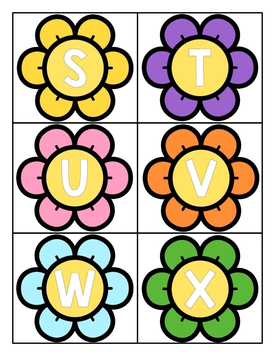Uppercase letters S to X printed on six spring flower cards, one white capital in each flower center, to cut out and name