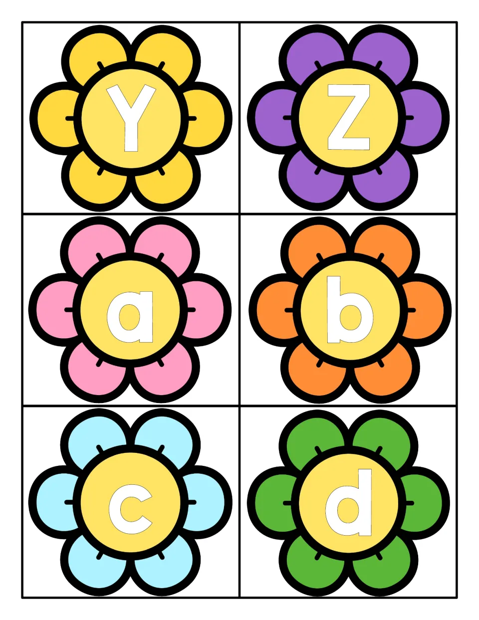 Capitals Y and Z finish the uppercase set, then lowercase a, b, c and d begin on four more flower letter cards