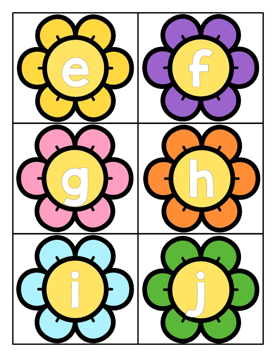 Lowercase letters e to j on six flower cards, each white letter on a yellow center, for lowercase letter recognition