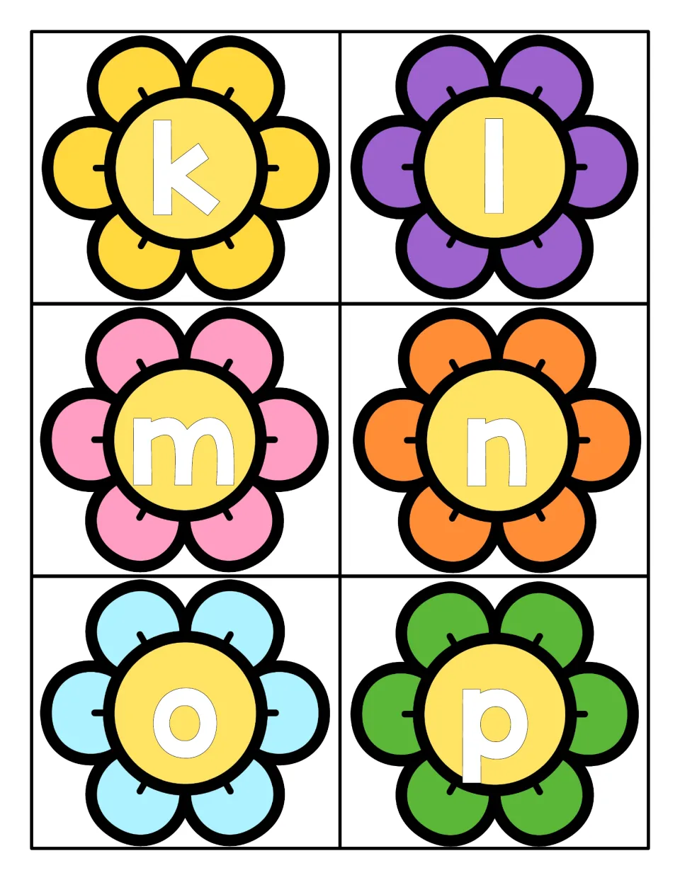 Lowercase letters k to p: six bright flower cards with one small letter each, to cut out and use for letter naming