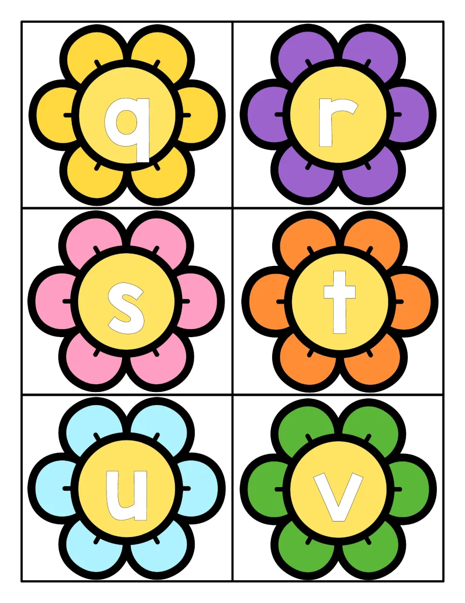 Lowercase letters q to v shown on six flower cards in yellow, purple, pink, orange, blue and green for identifying letters