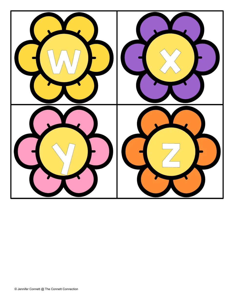 Lowercase letters w, x, y and z on the last four flower cards, completing the lowercase alphabet, with a copyright line