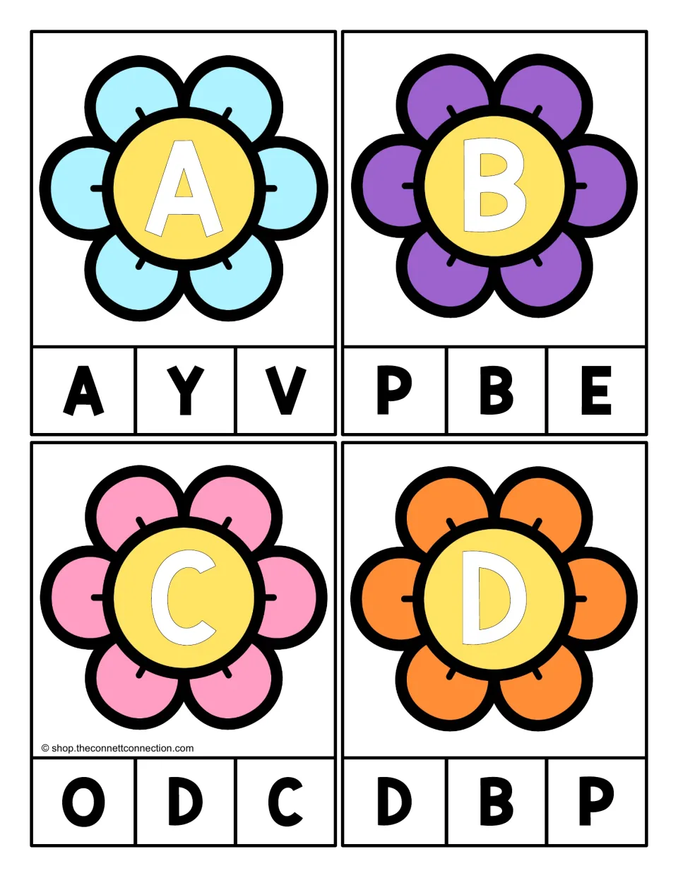Alphabet clip cards 1–4 show uppercase A, B, C, and D to match to one of three uppercase letter choices.