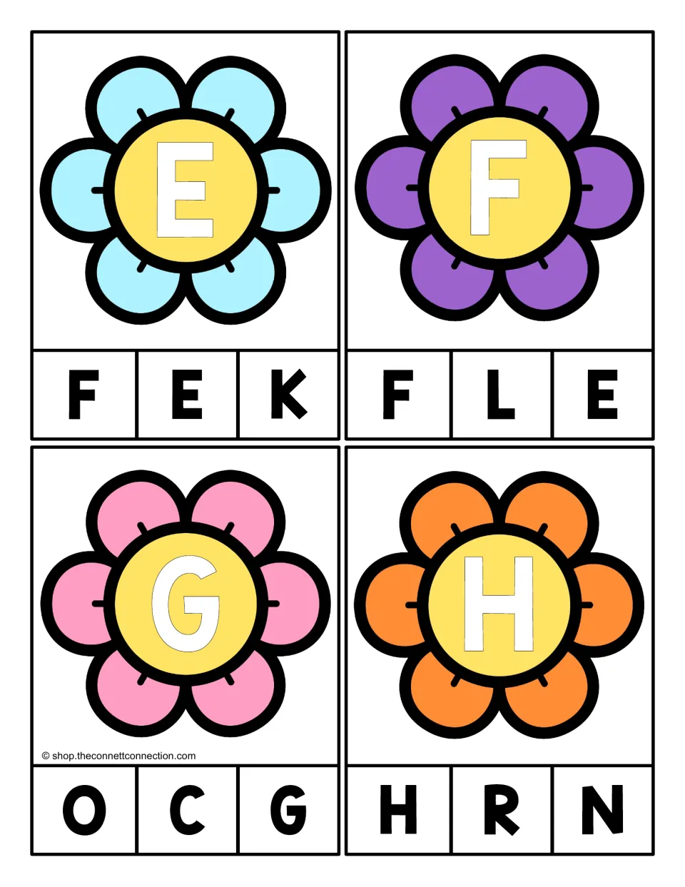 Alphabet clip cards 5–8 show uppercase E, F, G, and H to match to one of three uppercase letter choices.