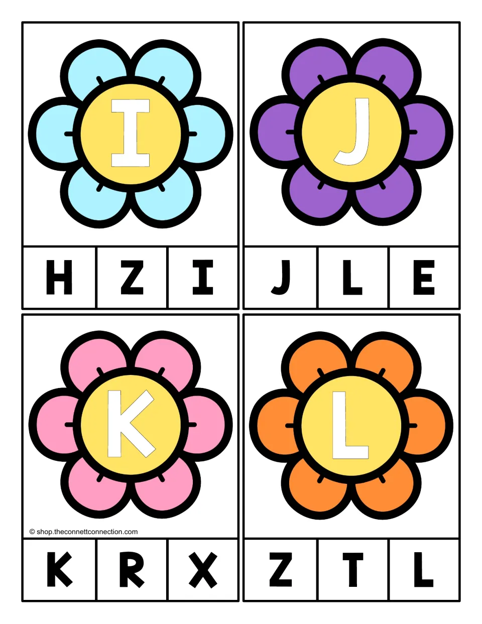 Alphabet clip cards 9–12 show uppercase I, J, K, and L to match to one of three uppercase letter choices.