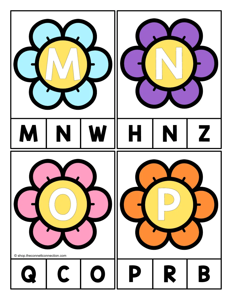 Alphabet clip cards 13–16 show uppercase M, N, O, and P to match to one of three uppercase letter choices.