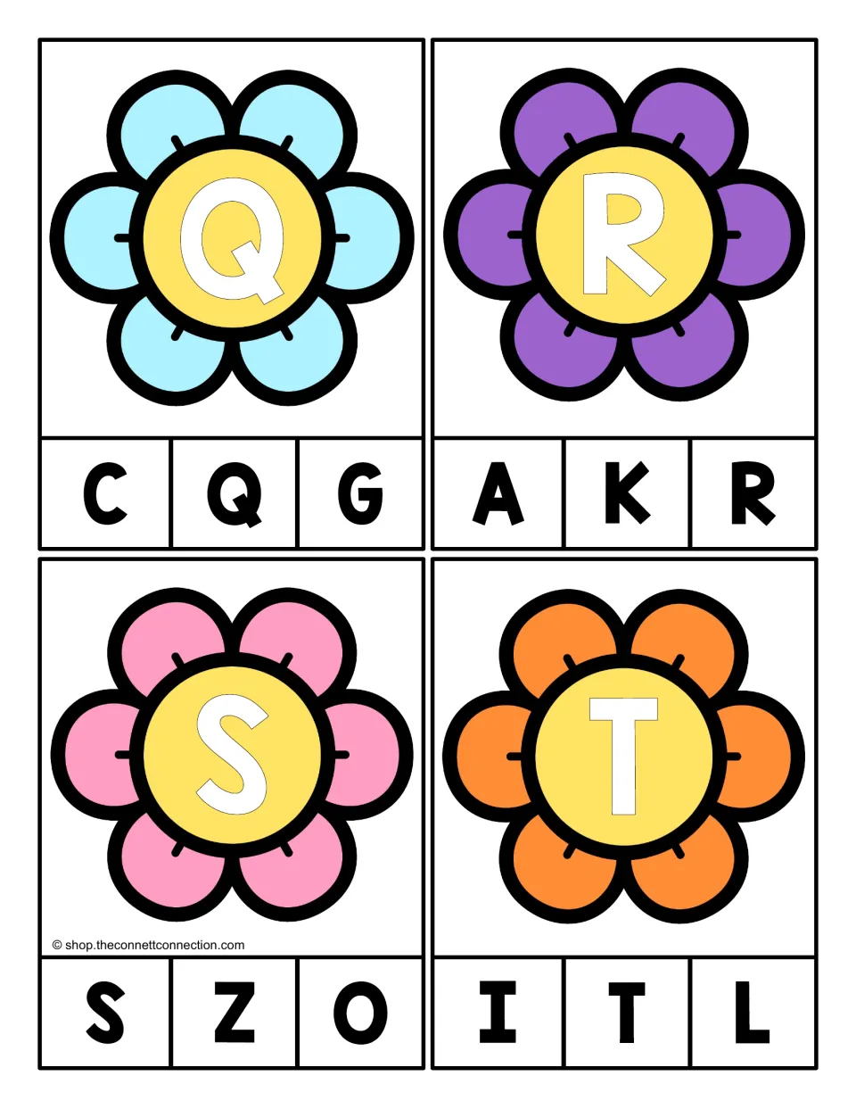 Alphabet clip cards 17–20 show uppercase Q, R, S, and T to match to one of three uppercase letter choices.