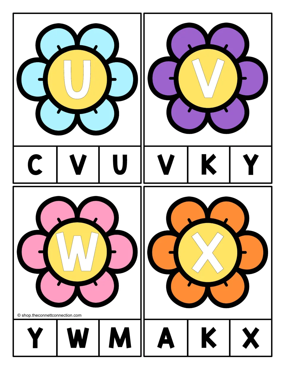 Alphabet clip cards 21–24 show uppercase U, V, W, and X to match to one of three uppercase letter choices.