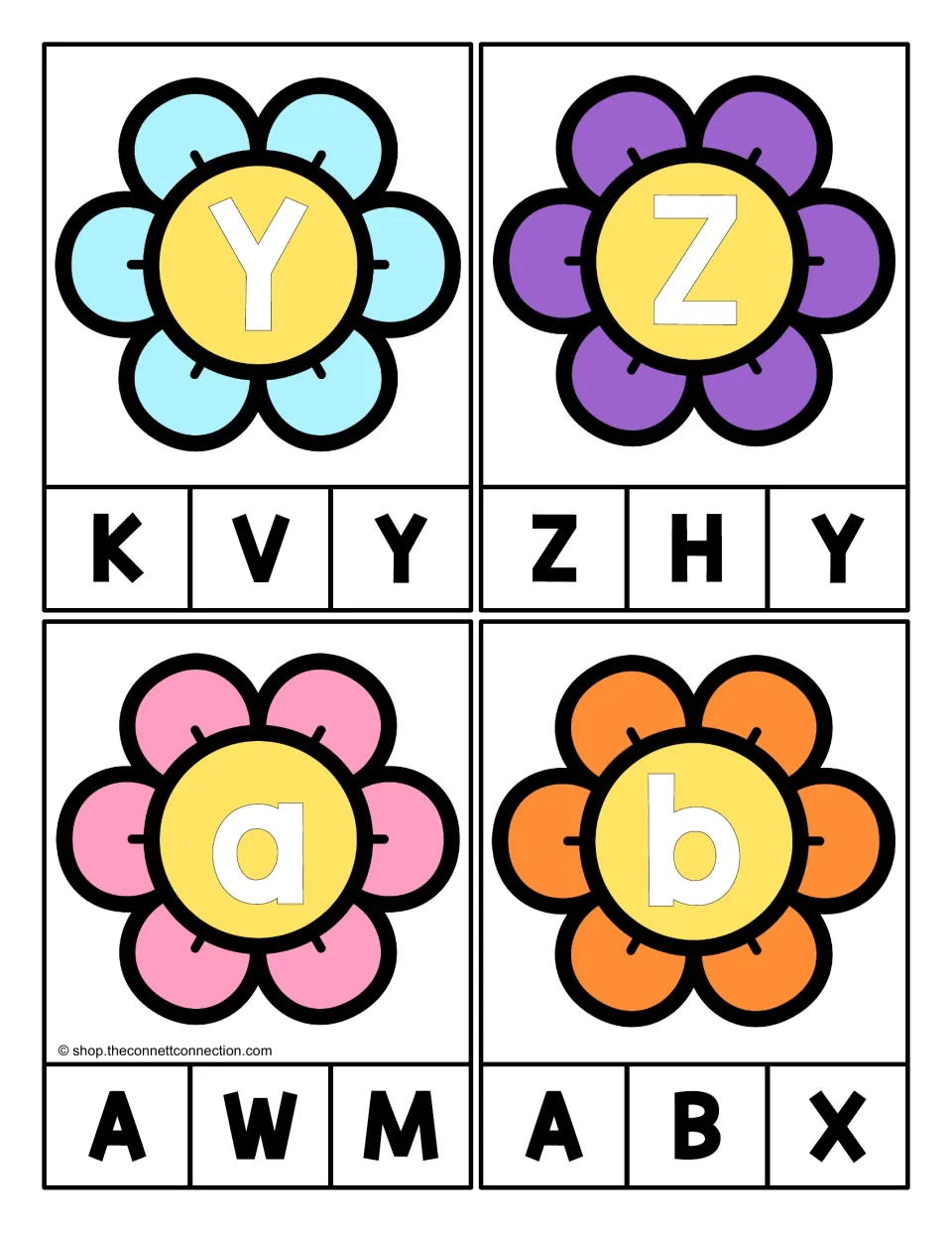 Alphabet clip cards 25–28 show uppercase Y and Z and lowercase a and b, each with three uppercase choices.