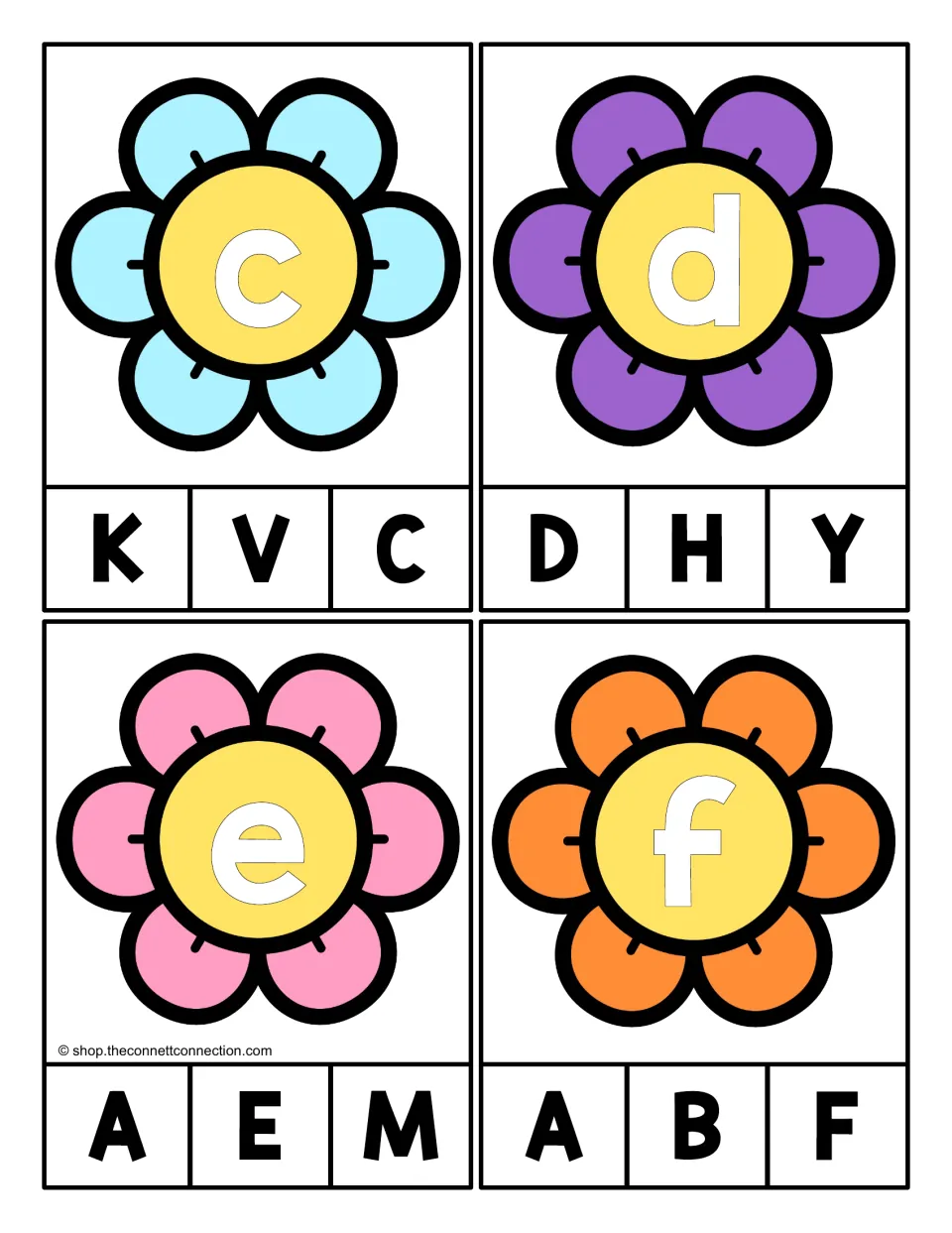 Alphabet clip cards 29–32 show lowercase c, d, e, and f to match to one of three uppercase letter choices.