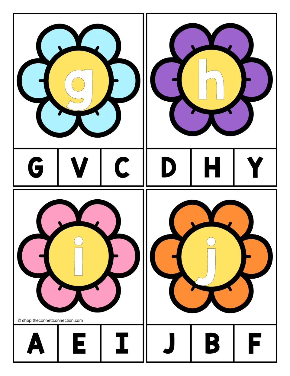 Alphabet clip cards 33–36 show lowercase g, h, i, and j to match to one of three uppercase letter choices.