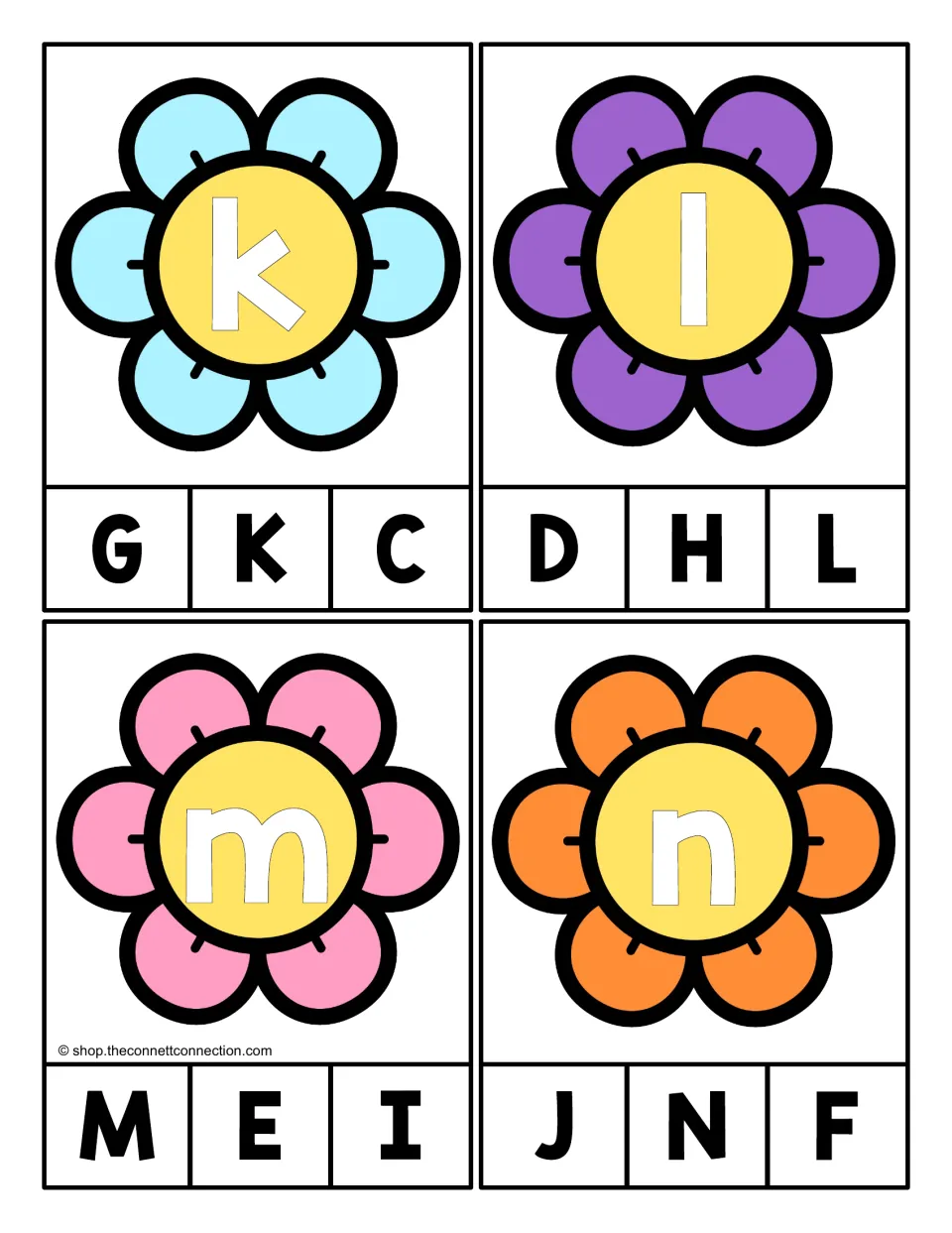 Alphabet clip cards 37–40 show lowercase k, l, m, and n to match to one of three uppercase letter choices.