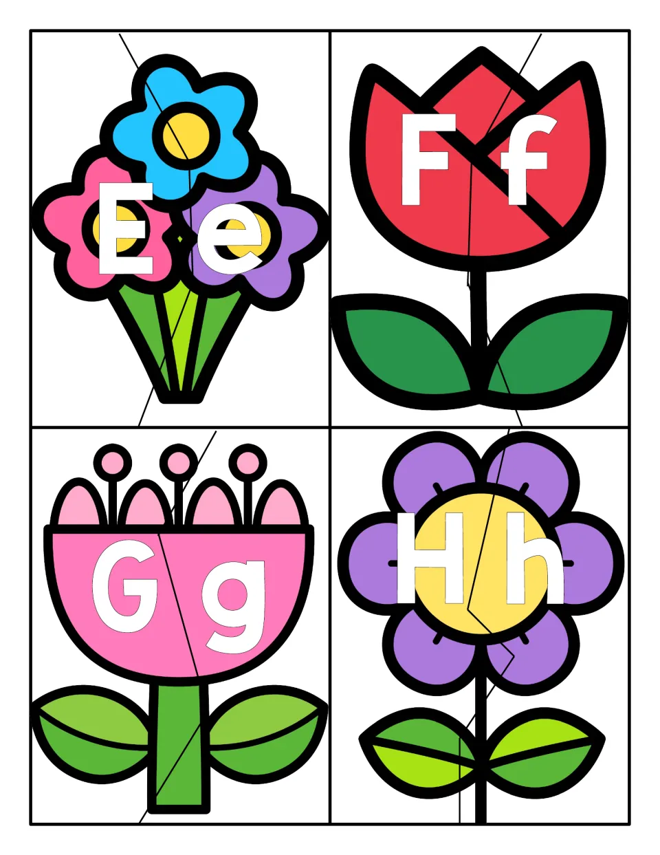 Letters Ee to Hh: four spring flower cards split into two-piece puzzles pairing each capital letter with its lowercase match