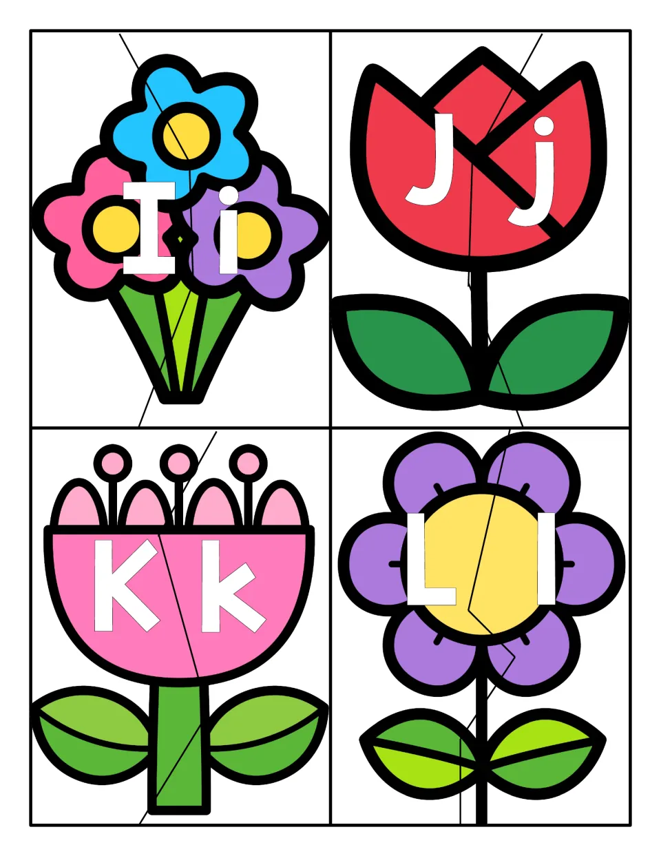 Letters Ii to Ll: bouquet, tulip, pink flower and daisy puzzles; students join capital and lowercase halves of each card