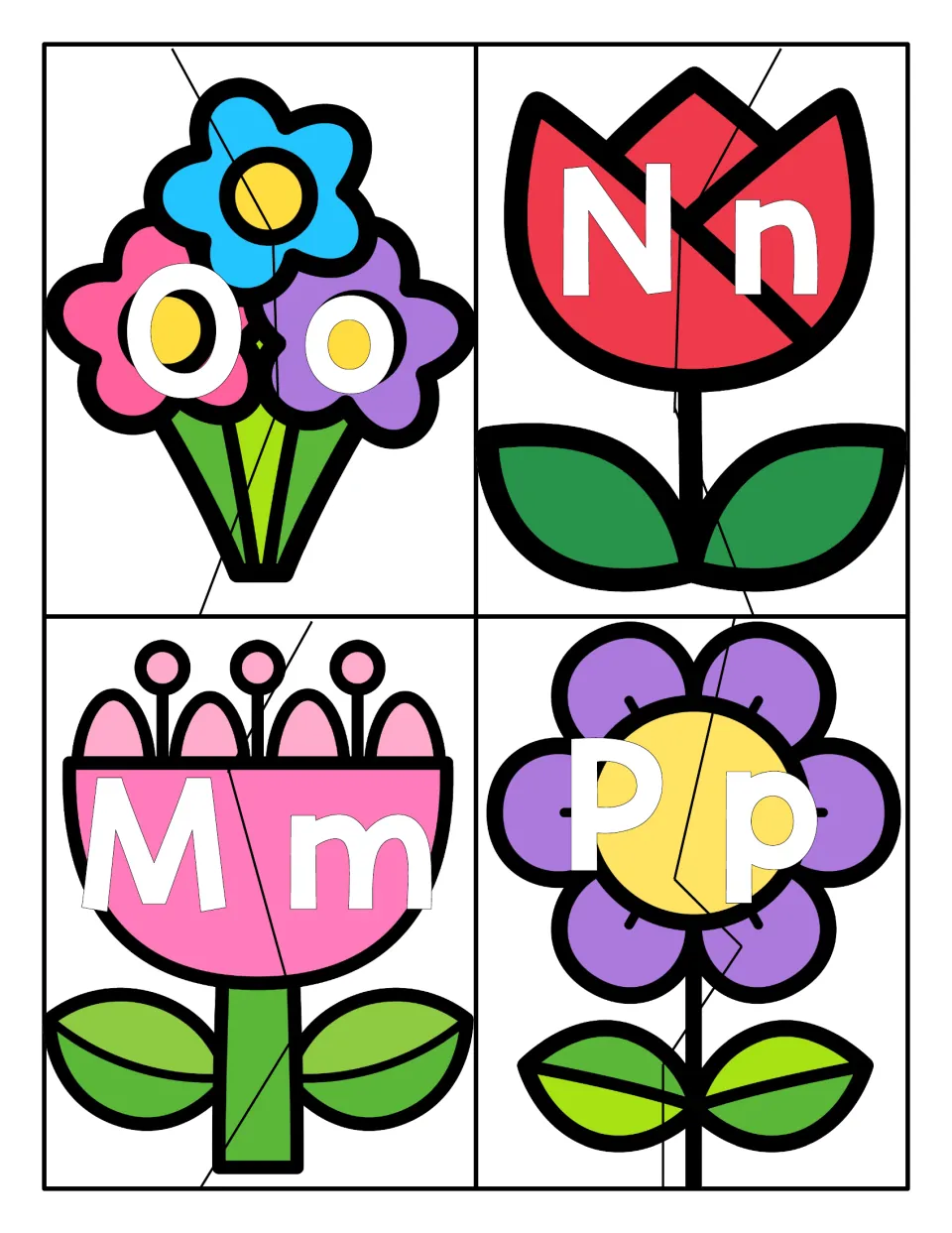 Letters Mm to Pp: flower puzzle cards with the capital on one cut piece and lowercase on the other for matching letter pairs