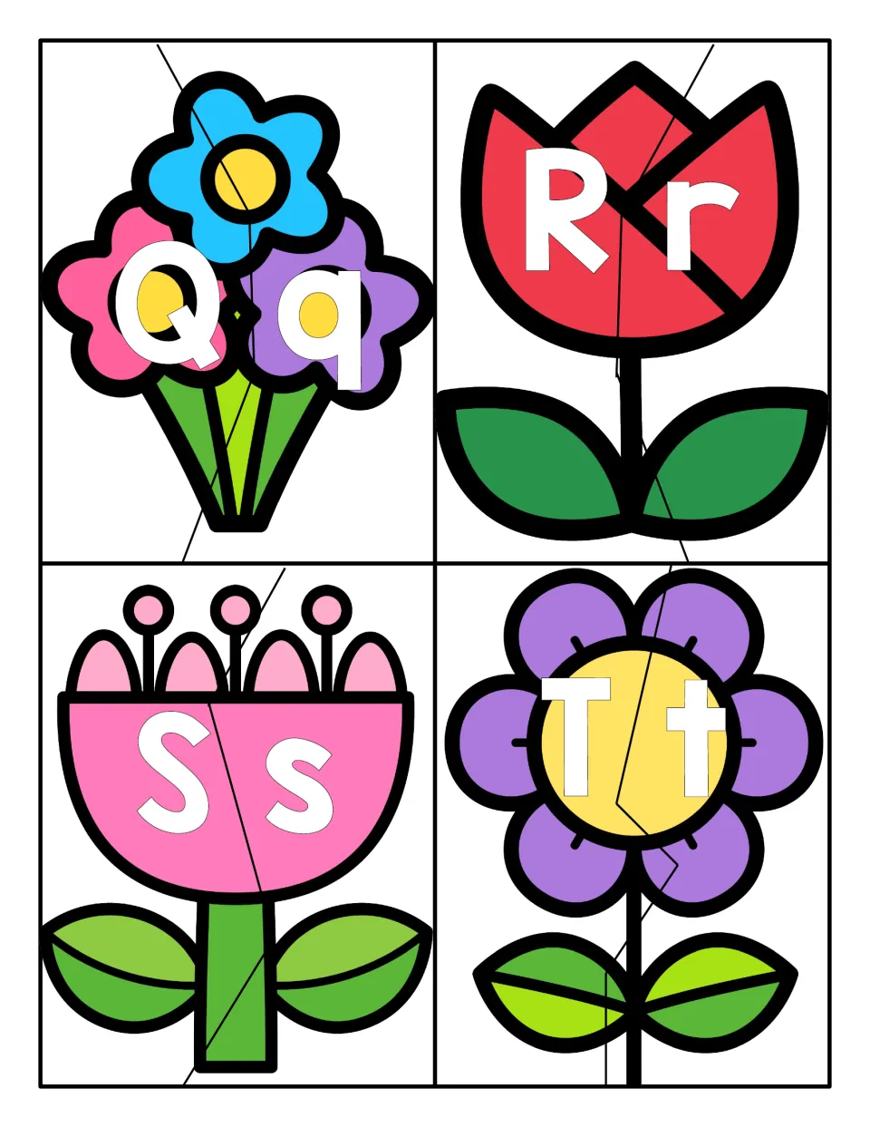 Letters Qq to Tt: flower cards cut into two puzzle pieces so students match each uppercase letter to its lowercase form