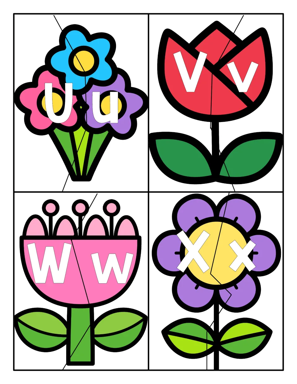 Letters Uu to Xx: bouquet, tulip, pink bloom and daisy two-piece puzzles for pairing capital and lowercase letters
