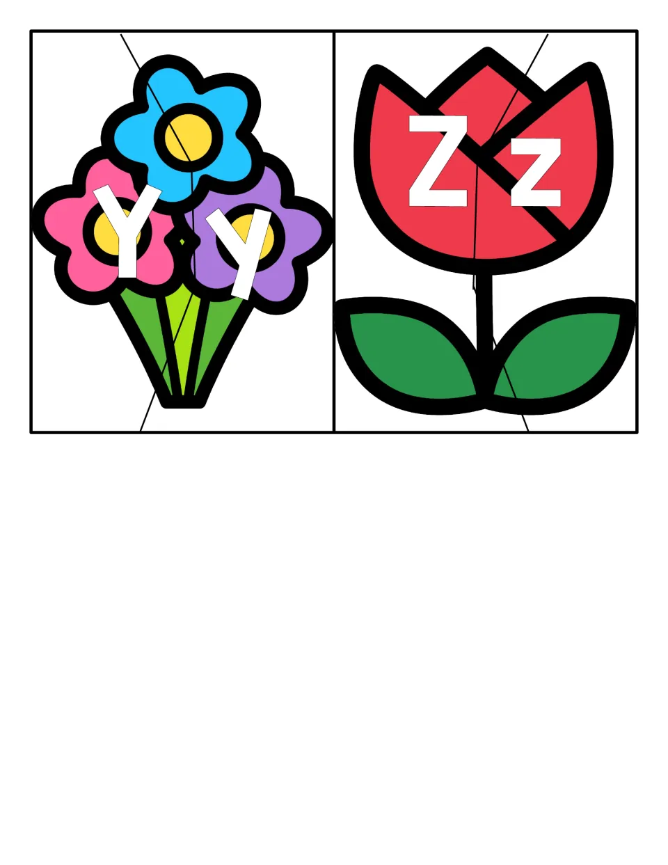 Letters Yy and Zz: a bouquet card and a tulip card, each cut into two pieces for matching the uppercase and lowercase letter