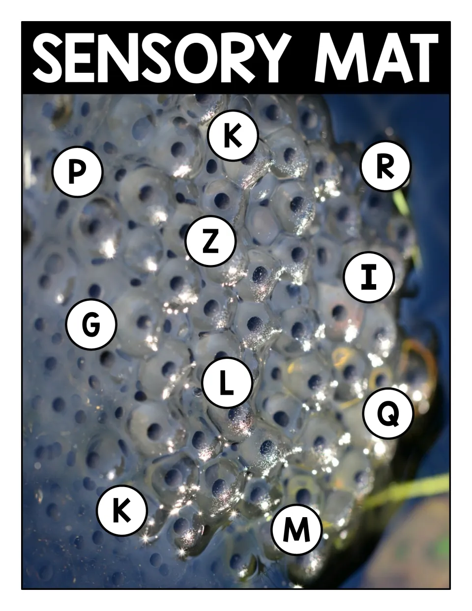 Letter recognition mat: frog eggs photo with uppercase K, P, R, Z, I, G, L, Q, K and M circled for matching
