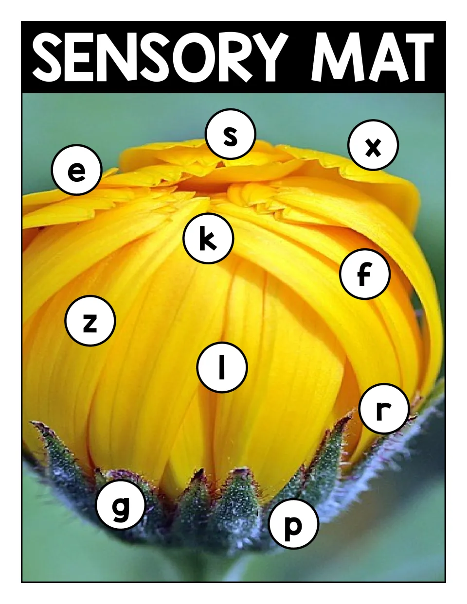 Lowercase letter match on a yellow flower bud photo mat with e, s, x, k, f, z, l, r, g and p in circles