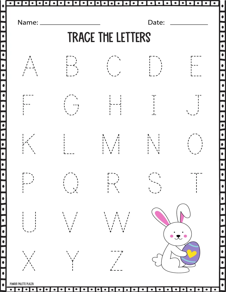 Trace the Letters: students trace dotted uppercase letters A to Z to practise handwriting, beside a bunny holding an egg