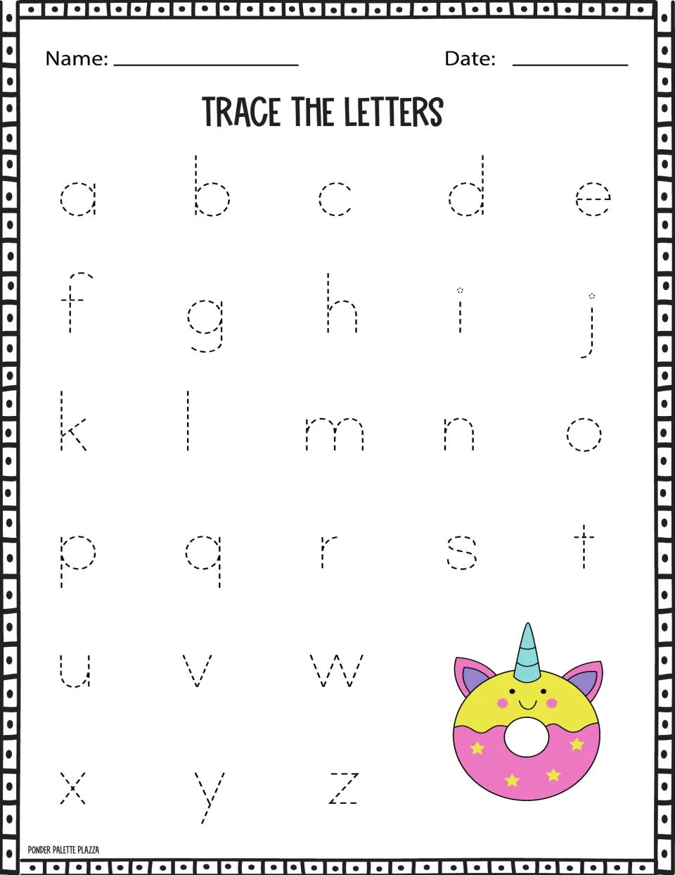 Trace the Letters: students trace dotted lowercase letters a to z for handwriting practice, with a unicorn donut picture