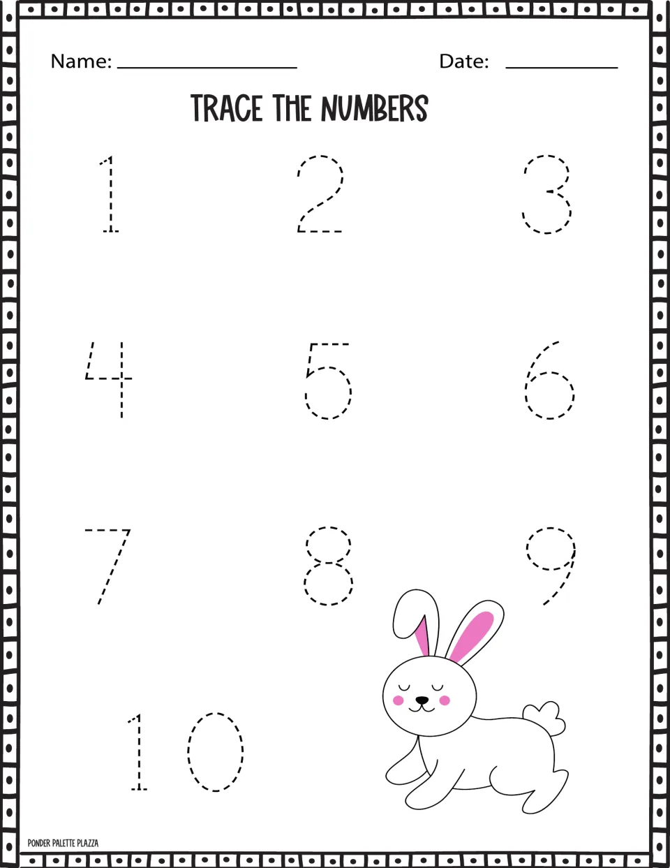 Trace the Numbers: students trace dotted numerals 1 to 10 to practise number writing, with a hopping bunny picture