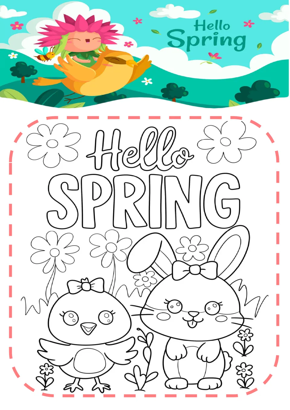 Spring coloring page 1: a chick and bunny wearing bows among flowers beneath the words 'Hello SPRING'.