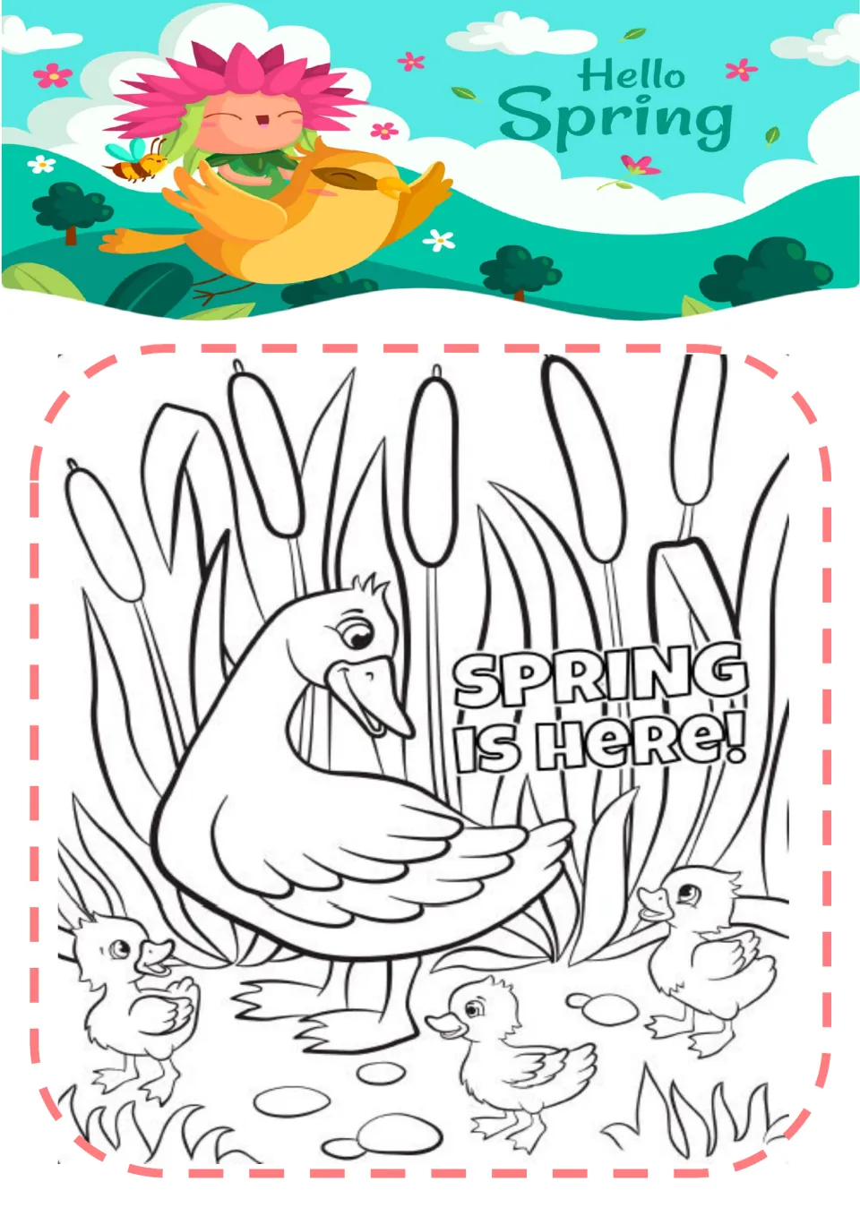 Spring coloring page 2: an adult duck and three ducklings among cattails beside 'SPRING is Here!'