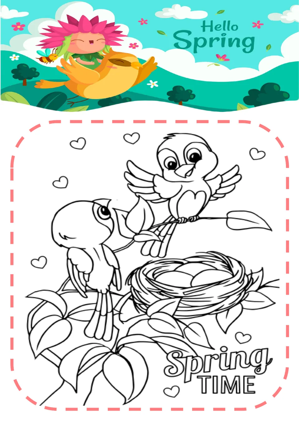 Spring coloring page 3: two birds perched on leafy branches beside a nest of eggs and 'Spring TIME'.