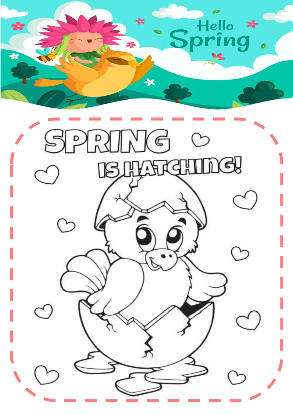 Spring coloring page 4: a baby bird emerging from a cracked egg beneath the words 'SPRING IS HATCHING!'