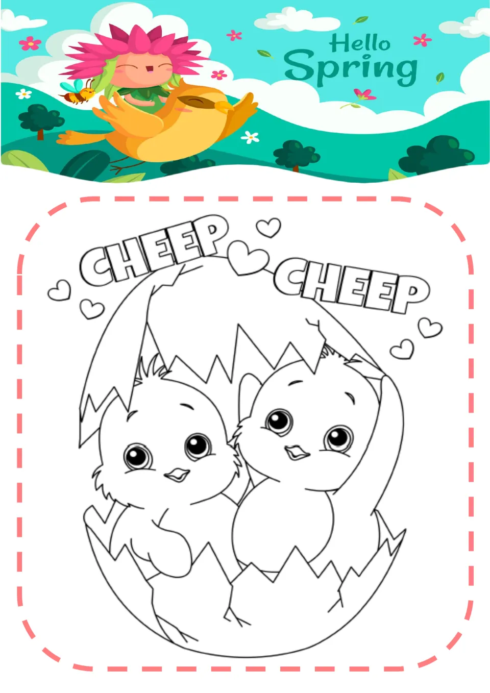 Spring coloring page 5: two chicks sharing a large cracked eggshell beneath the words 'CHEEP CHEEP'.