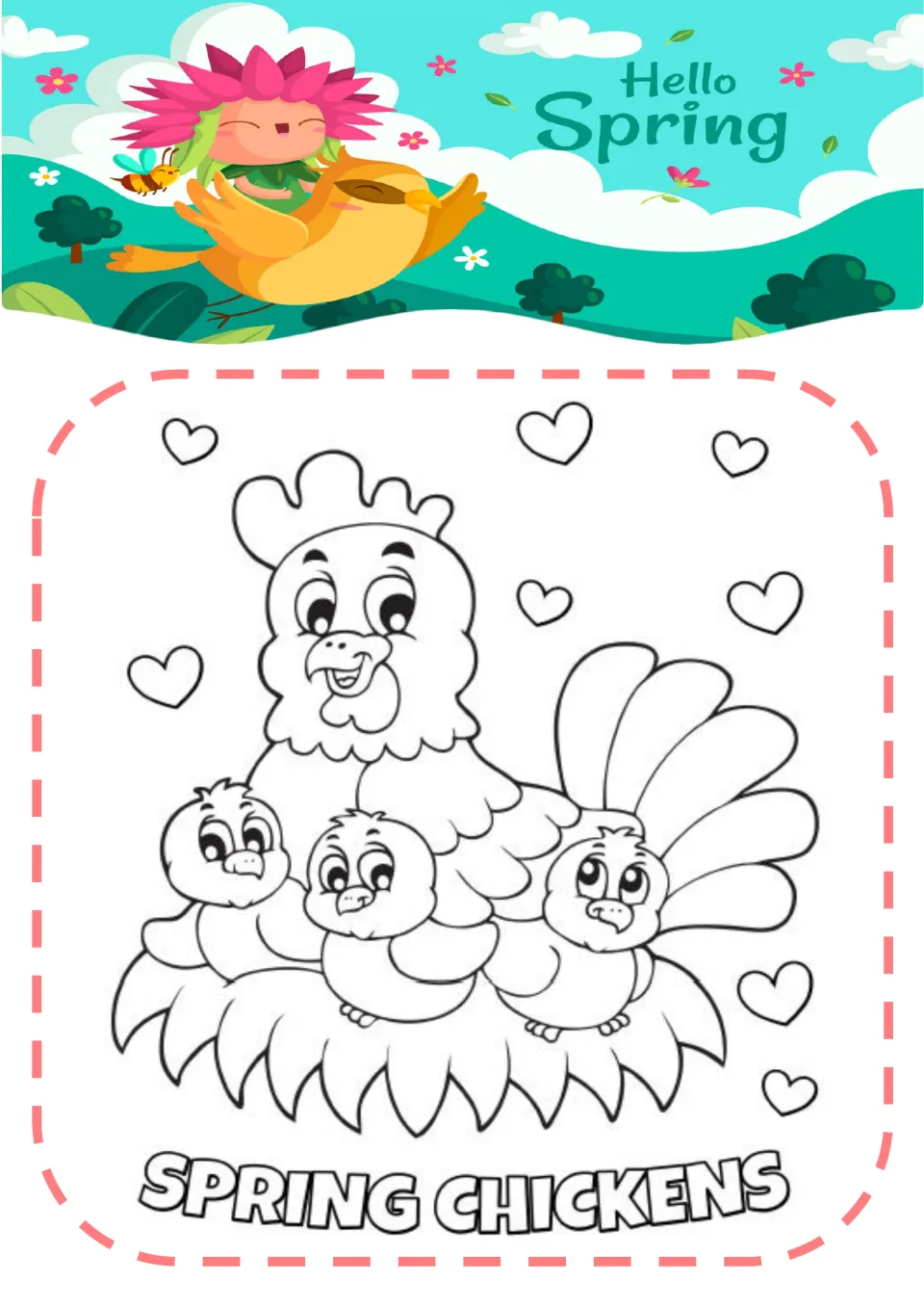 Spring coloring page 7: a hen sitting with three chicks in a nest above the words 'SPRING CHICKENS'.