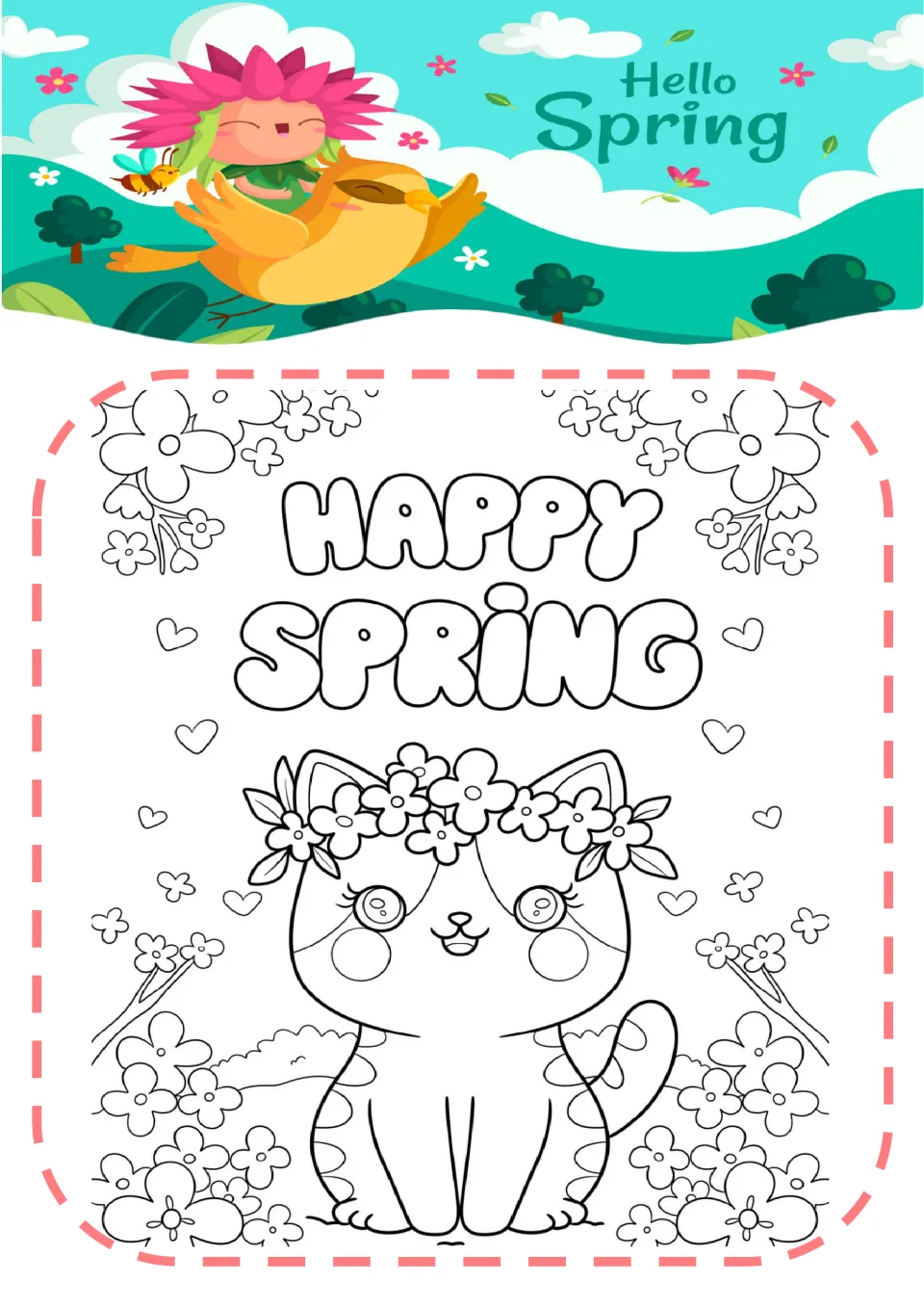 Spring coloring page 8: a kitten wearing a flower crown among blossoms beneath the words 'HAPPY SPRING'.