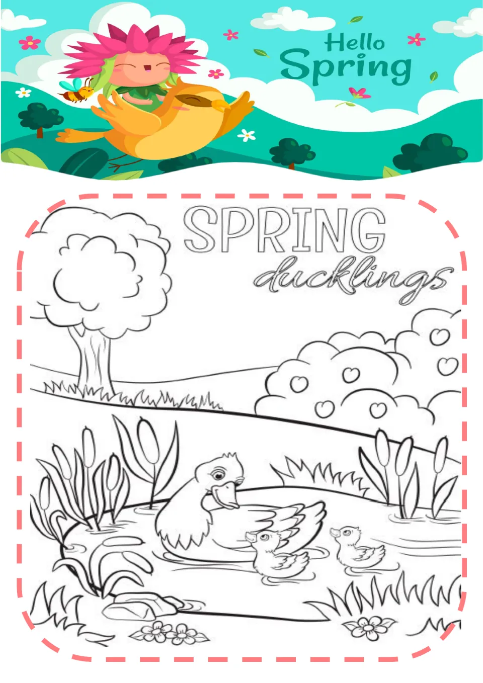 Spring coloring page 9: an adult duck and two ducklings swimming in a pond beneath 'SPRING ducklings'.