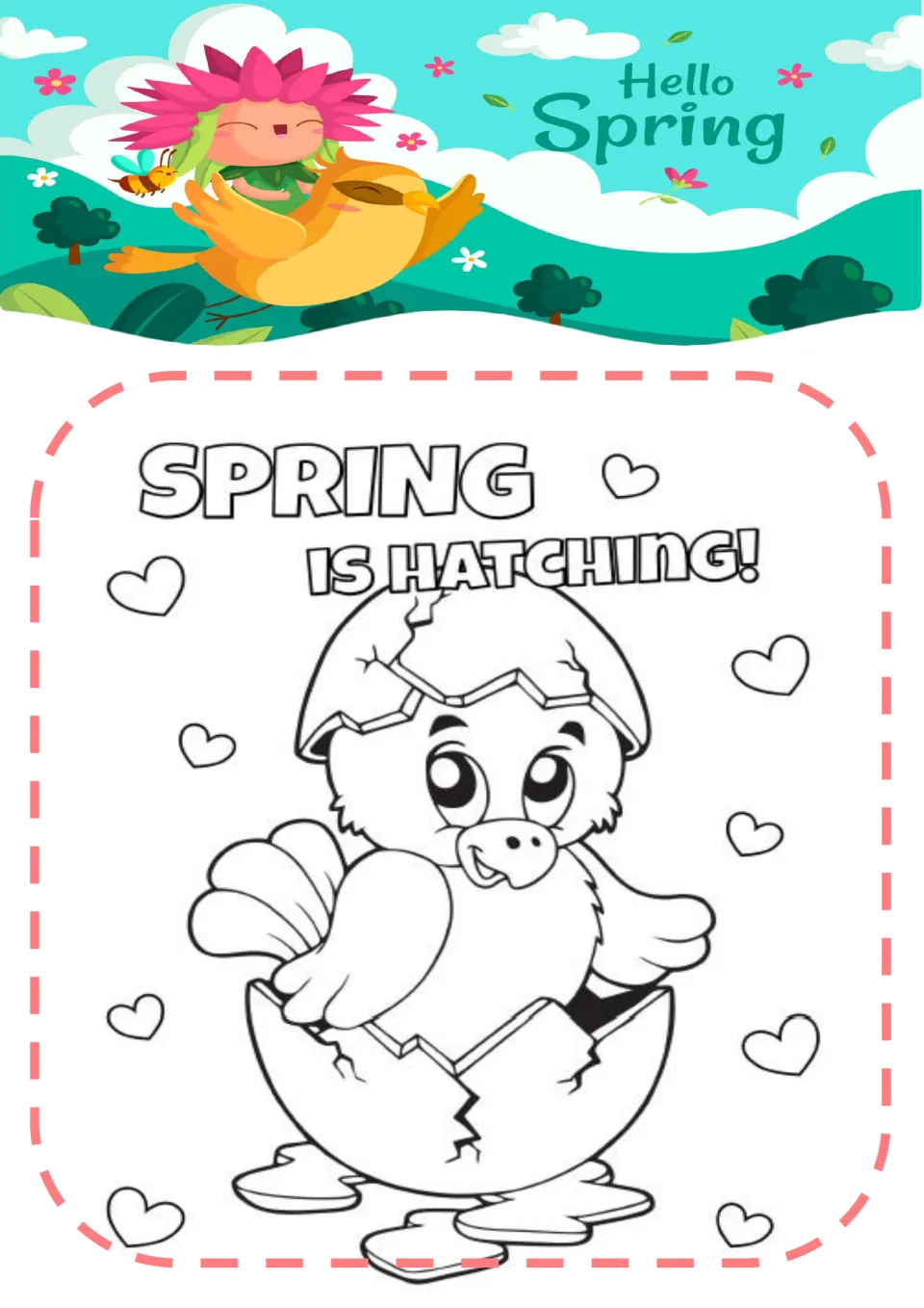 Spring coloring page 10: the repeated baby bird in a cracked eggshell design says 'SPRING IS HATCHING!'