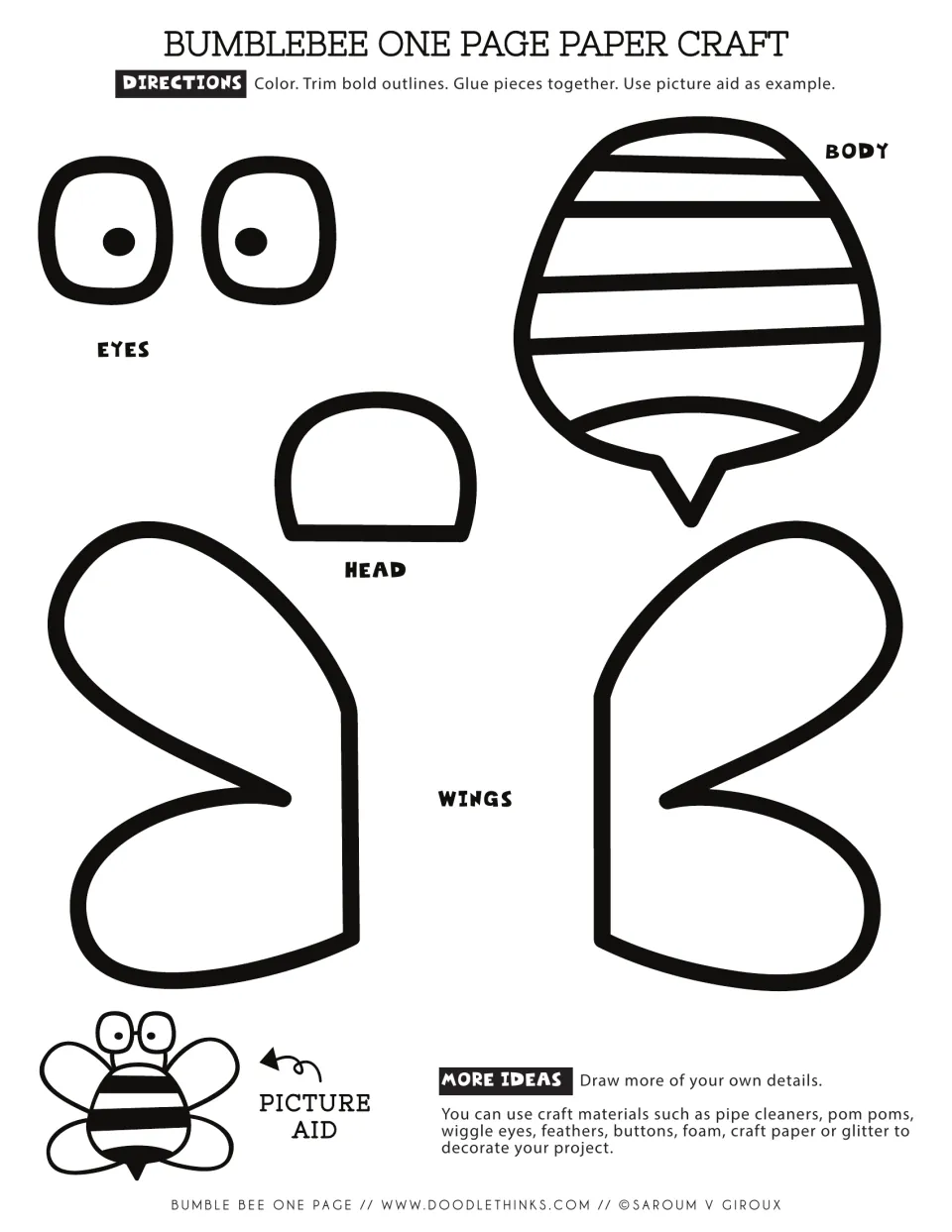 Bumblebee paper craft template: students color, cut out and glue the eyes, head, striped body and wings using a picture aid