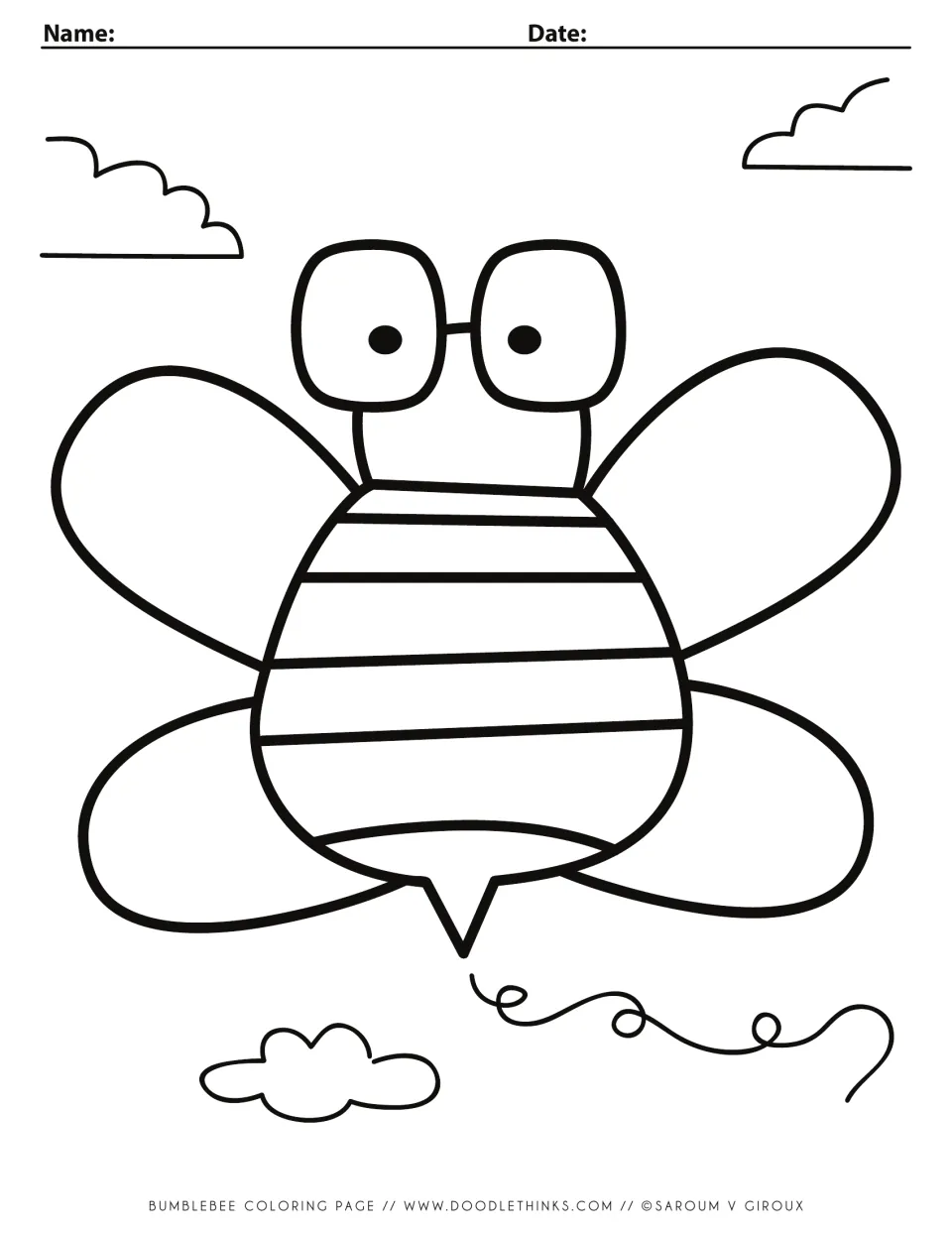 Bumblebee coloring page: students color a large striped bee with big eyes and four wings flying among clouds