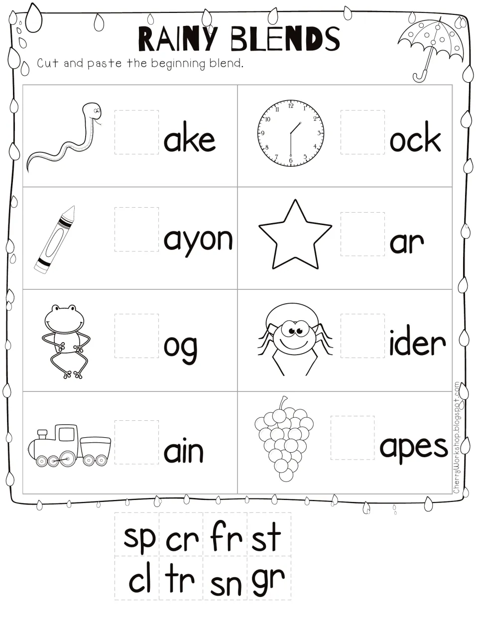 Rainy Blends: students cut and paste sn, cl, cr, st, fr, sp, tr or gr before word endings to name the 8 pictures