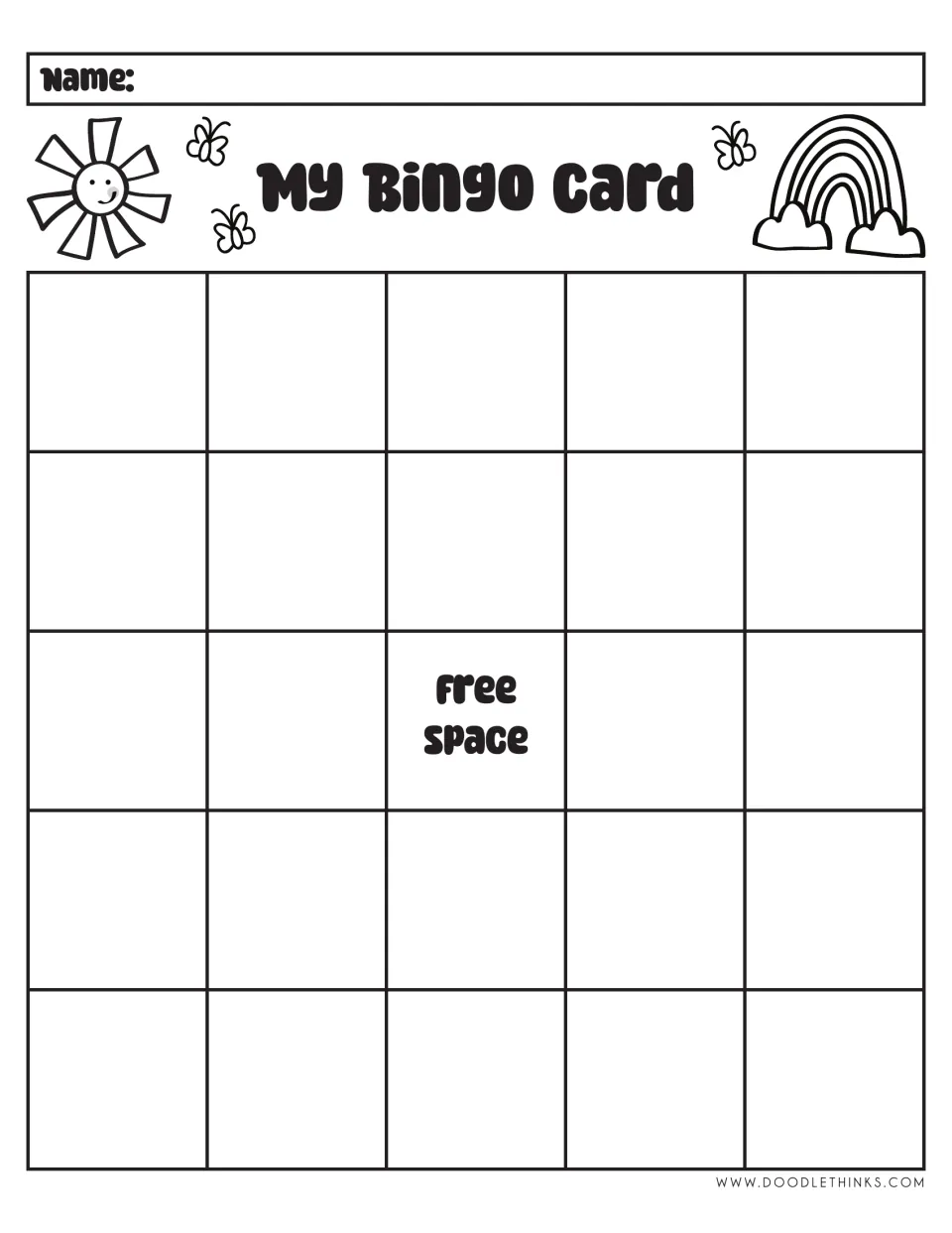 My Bingo Card, black-and-white: a blank spring bingo board with a name line, center free space and 24 empty spots to fill