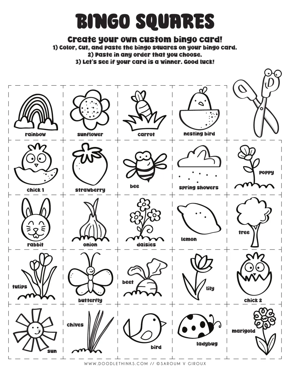Bingo Squares to color: students color, cut and paste 24 labeled spring pictures such as rainbow, bee, tulips and ladybug