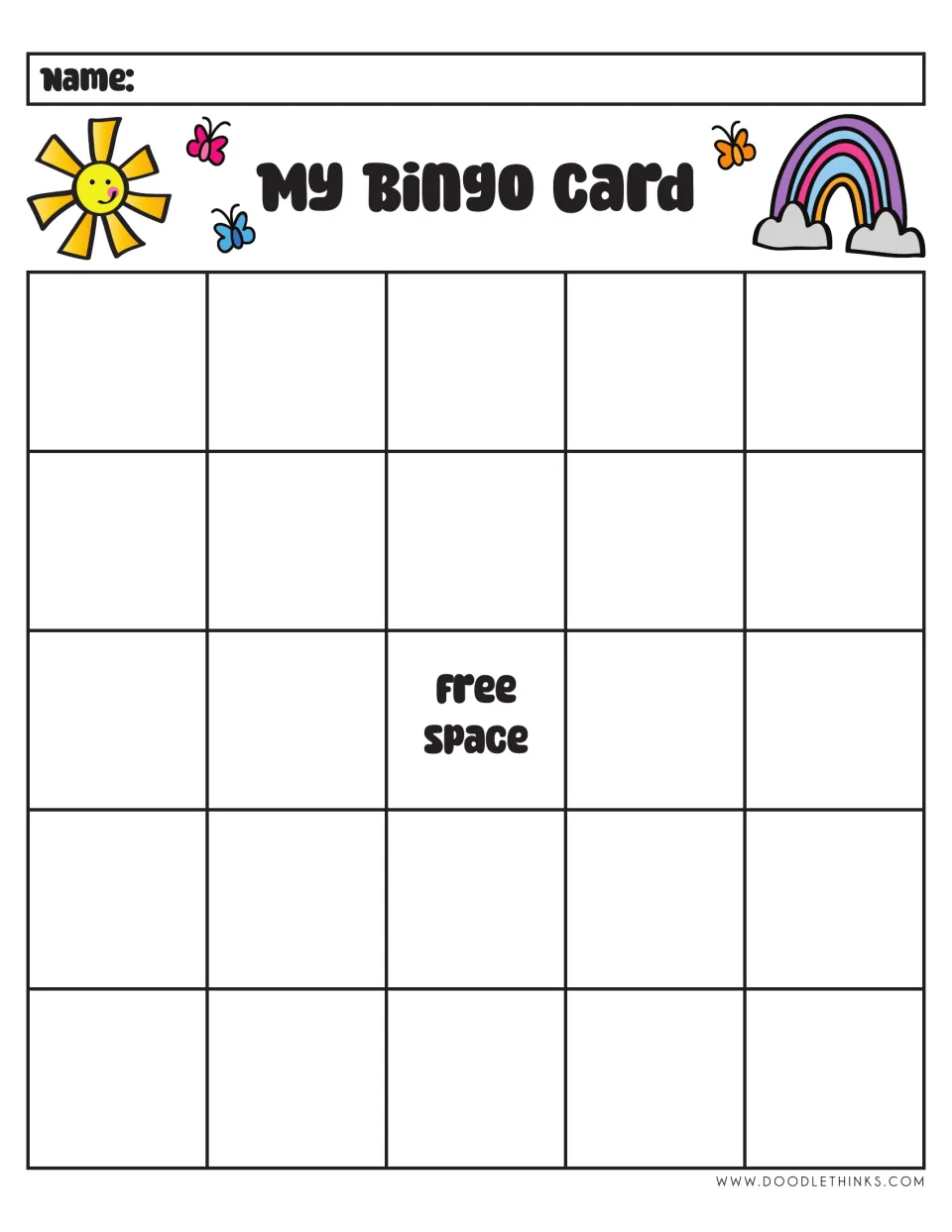 My Bingo Card in color with sun, butterflies and a rainbow: a blank board and free space where students glue 24 pictures